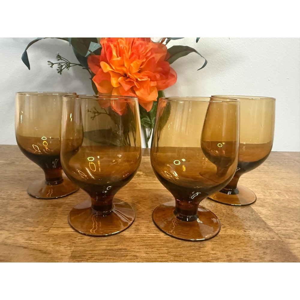 Vintage Amber Brown Stemmed Wine Glasses Mid Century Glassware Set of 4 Bar Cart